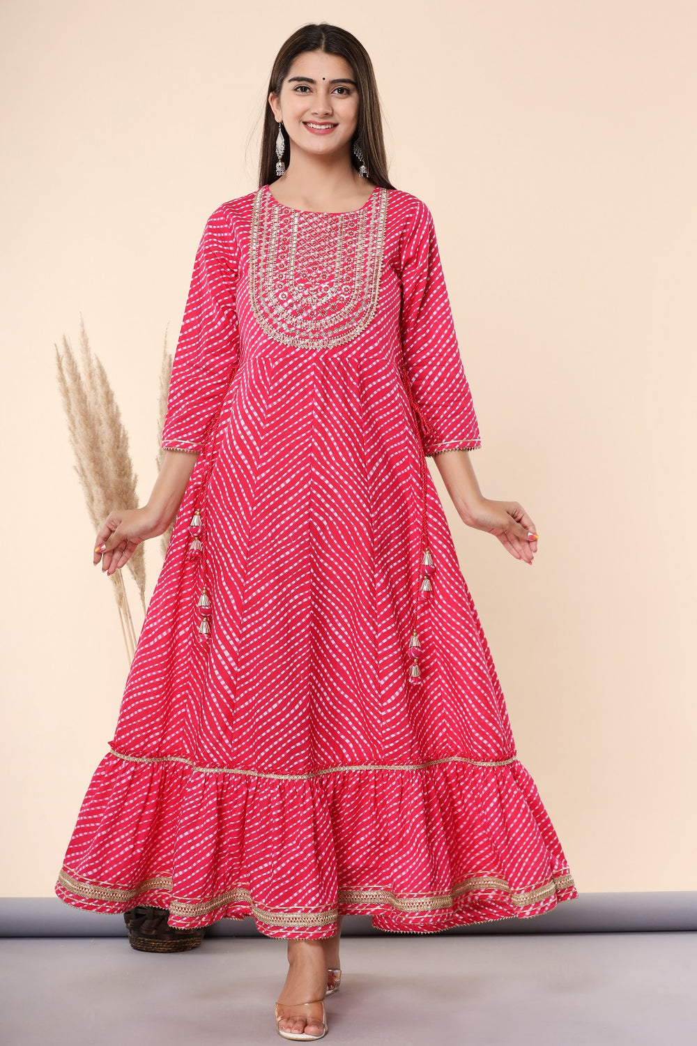 Juniper Women's Fuschia Printed Embroidered Mirror Work Cotton Flared Dress | Grocsy