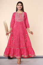 Juniper Women's Fuschia Printed Embroidered Mirror Work Cotton Flared Dress | Grocsy