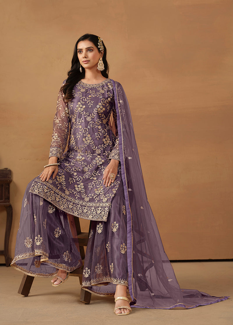 Monjolika Fashion Purple Net Embroidered Trendy Salwar Suit | Grocsy