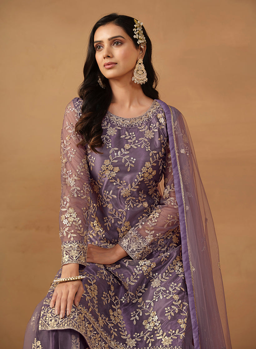 Monjolika Fashion Purple Net Embroidered Trendy Salwar Suit | Grocsy