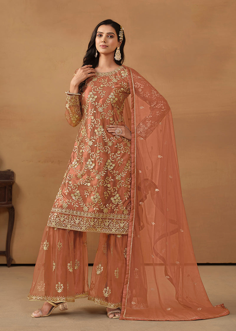 Monjolika Fashion Light Rust Net Embroidered Trendy Salwar Suit | Grocsy