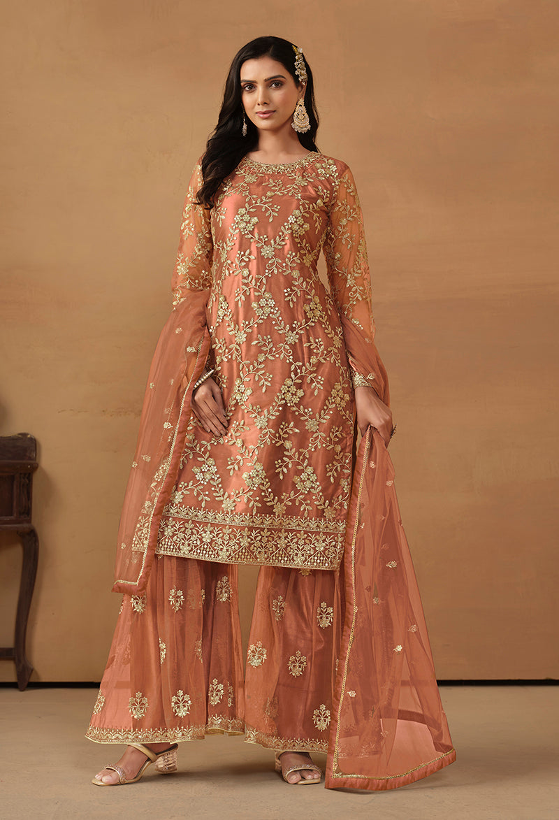 Monjolika Fashion Light Rust Net Embroidered Trendy Salwar Suit | Grocsy