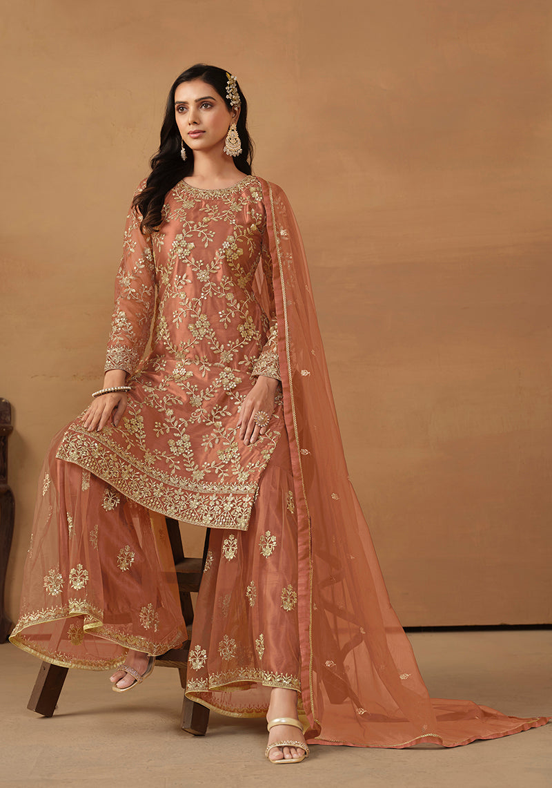 Monjolika Fashion Light Rust Net Embroidered Trendy Salwar Suit | Grocsy