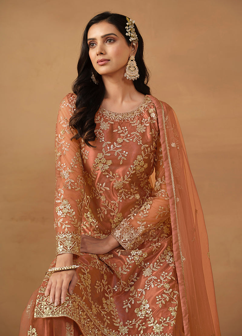 Monjolika Fashion Light Rust Net Embroidered Trendy Salwar Suit | Grocsy