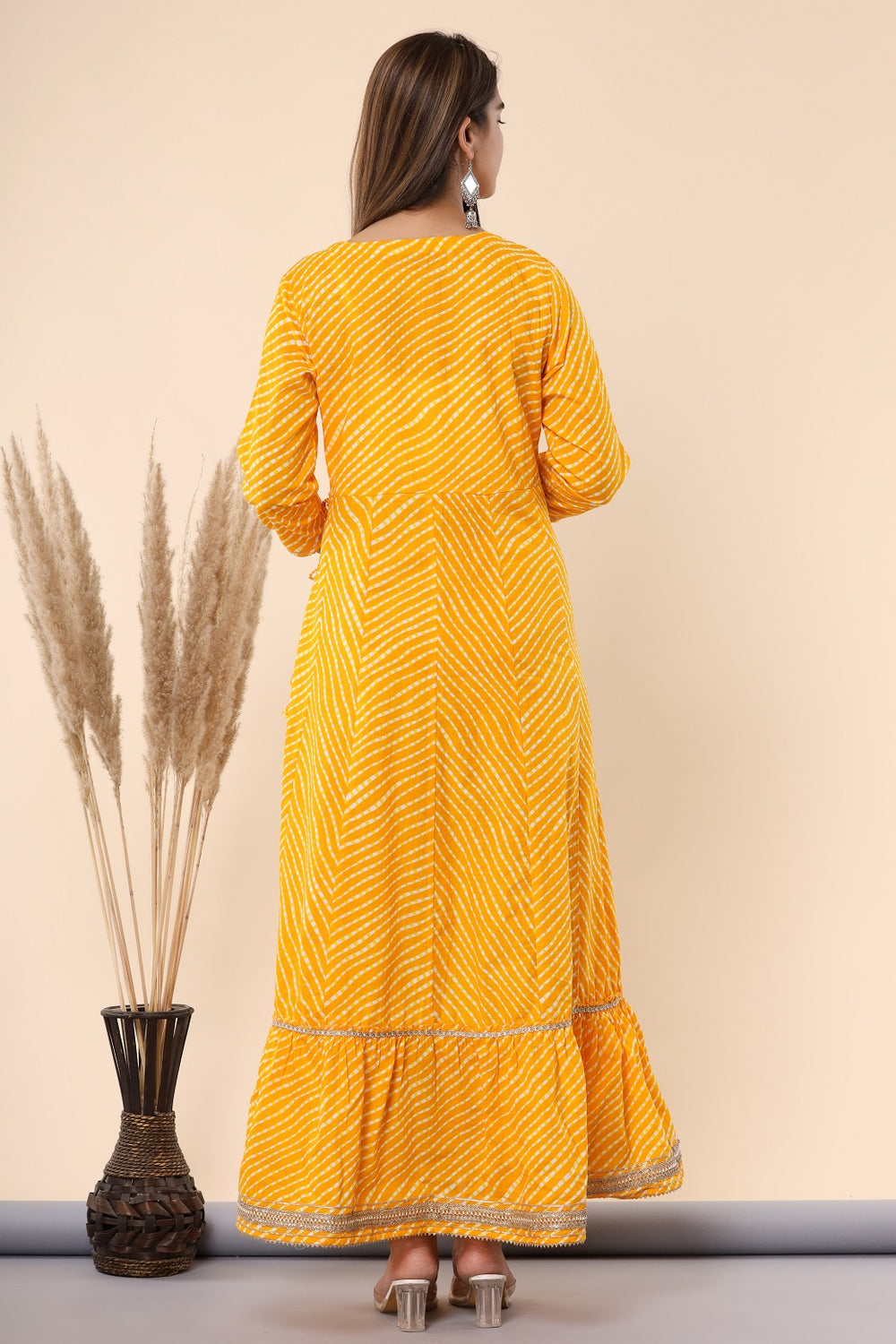 Juniper Women's Yellow Printed Embroidered Mirror Work Sequin Cotton Flared Dress | Grocsy