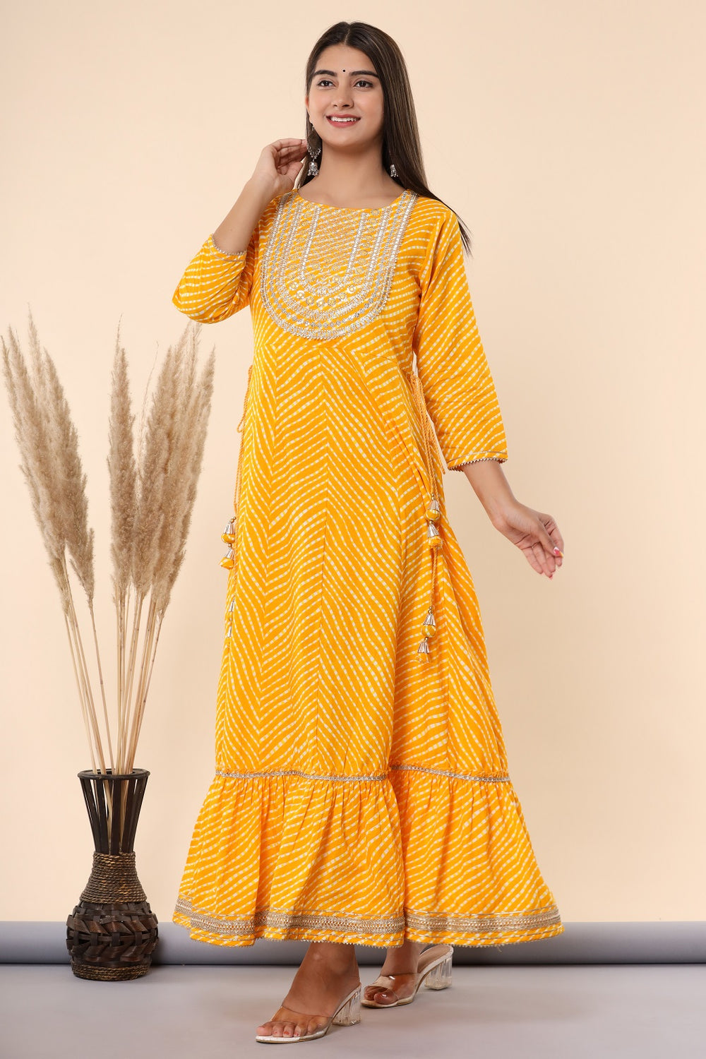 Juniper Women's Yellow Printed Embroidered Mirror Work Sequin Cotton Flared Dress | Grocsy