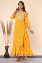 Juniper Women's Yellow Printed Embroidered Mirror Work Sequin Cotton Flared Dress | Grocsy