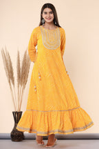 Juniper Women's Yellow Printed Embroidered Mirror Work Sequin Cotton Flared Dress | Grocsy