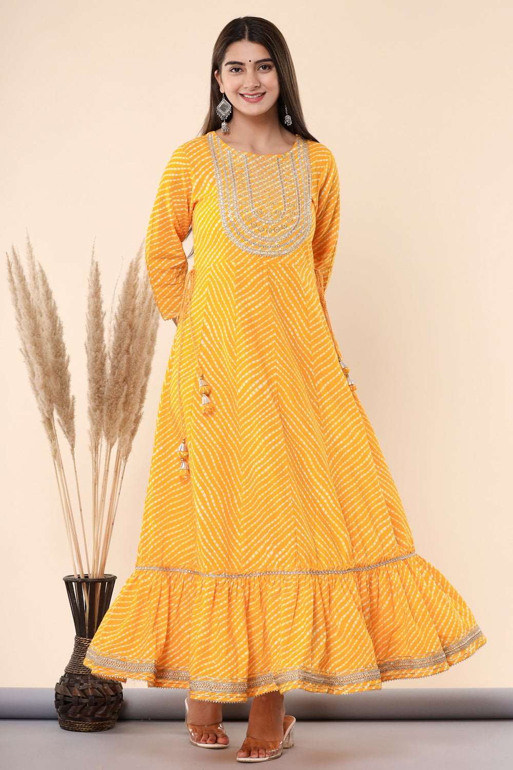 Juniper Women's Yellow Printed Embroidered Mirror Work Sequin Cotton Flared Dress | Grocsy