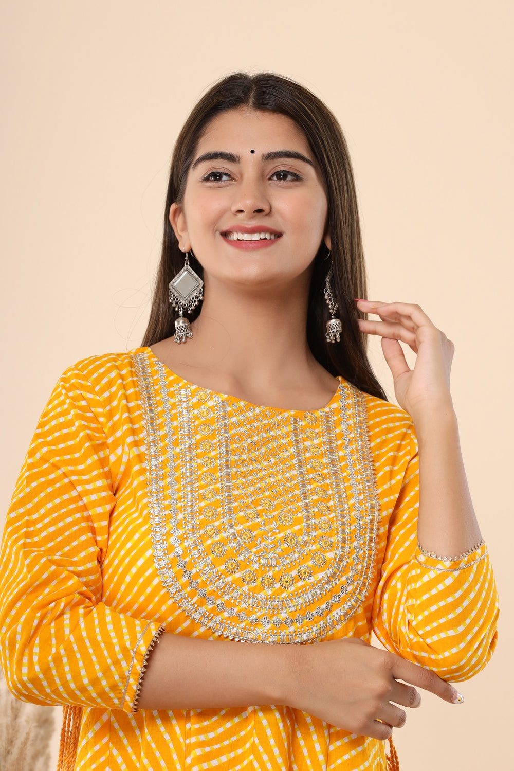 Juniper Women's Yellow Printed Embroidered Mirror Work Sequin Cotton Flared Dress | Grocsy