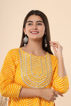 Juniper Women's Yellow Printed Embroidered Mirror Work Sequin Cotton Flared Dress | Grocsy