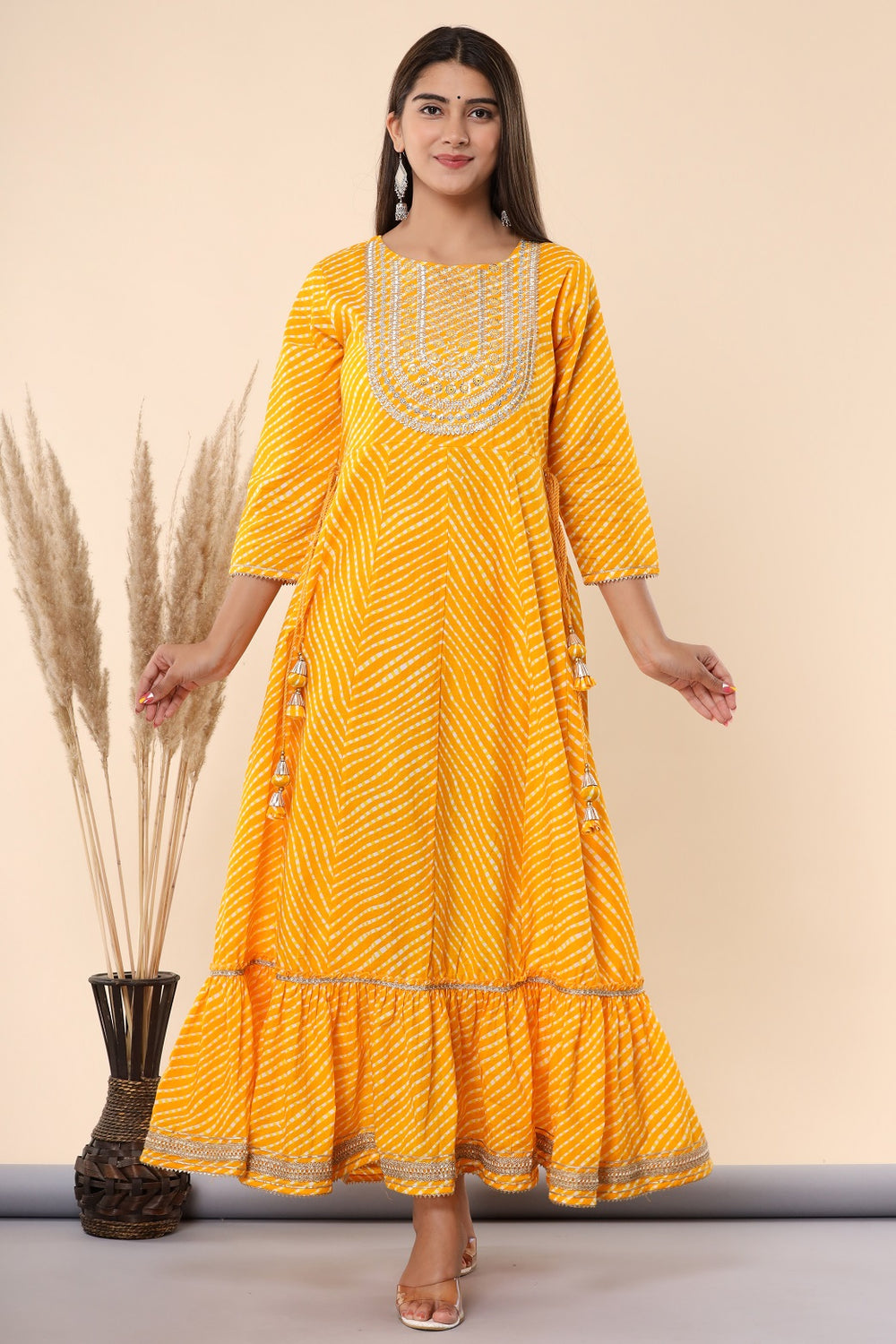 Juniper Women's Yellow Printed Embroidered Mirror Work Sequin Cotton Flared Dress | Grocsy