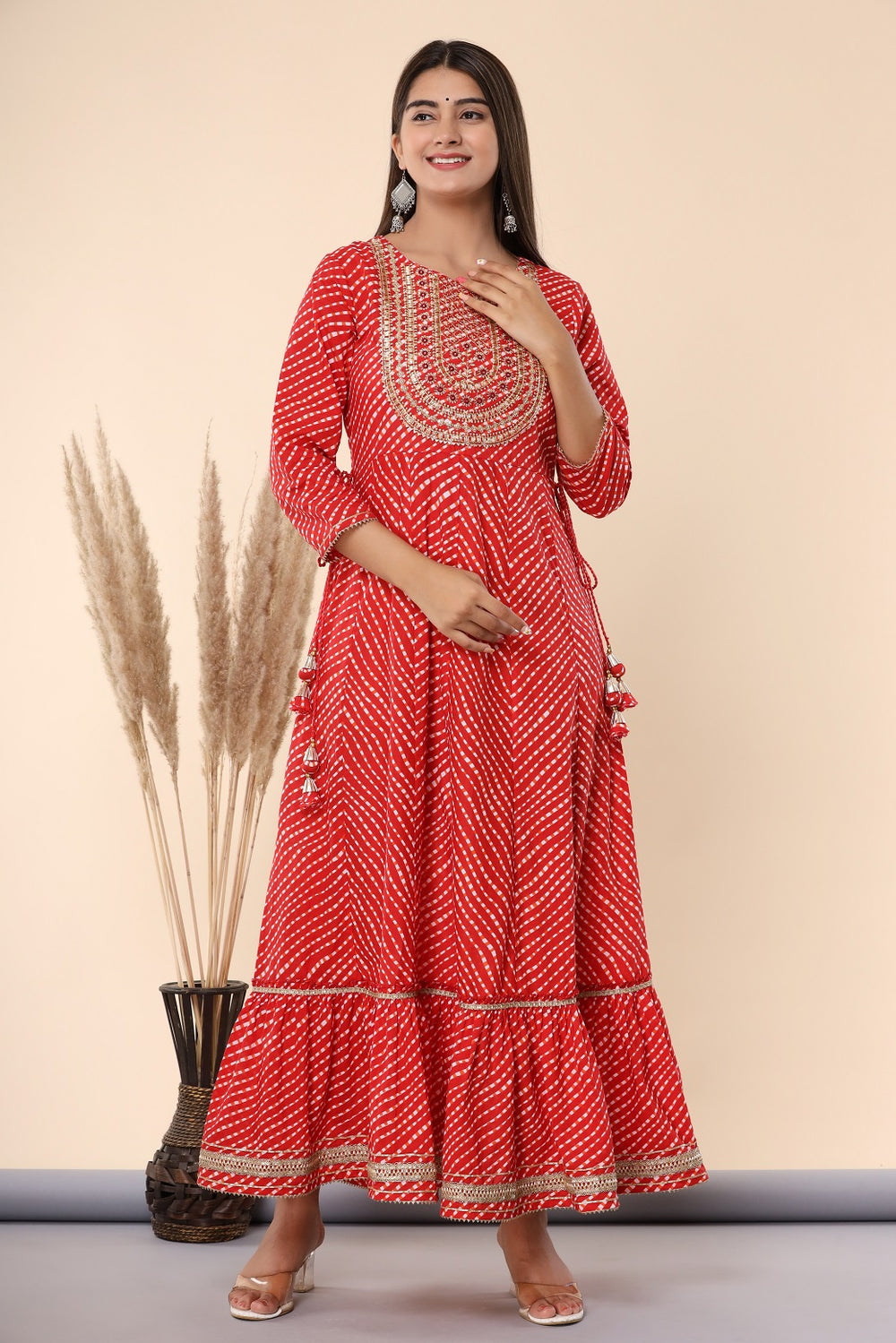 Juniper Women's Maroon Printed Embroidered Mirror Work Sequin Cotton Flared Dress | Grocsy