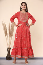 Juniper Women's Maroon Printed Embroidered Mirror Work Sequin Cotton Flared Dress | Grocsy