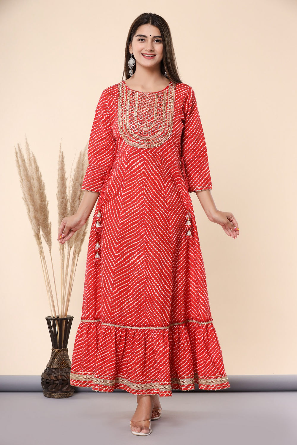 Juniper Women's Maroon Printed Embroidered Mirror Work Sequin Cotton Flared Dress | Grocsy