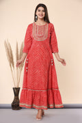 Juniper Women's Maroon Printed Embroidered Mirror Work Sequin Cotton Flared Dress | Grocsy