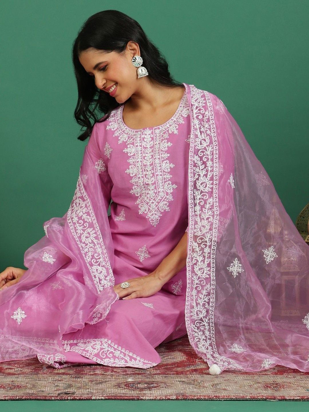 Sangria Embroidered Pure Cotton Round- Neck Kurta & Trousers With Dupatta | Grocsy