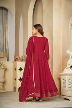 Jyoti Fashion Women's Maroon Georgette Embroidered Anarkali Kurta Pant Set With Dupatta | Grocsy