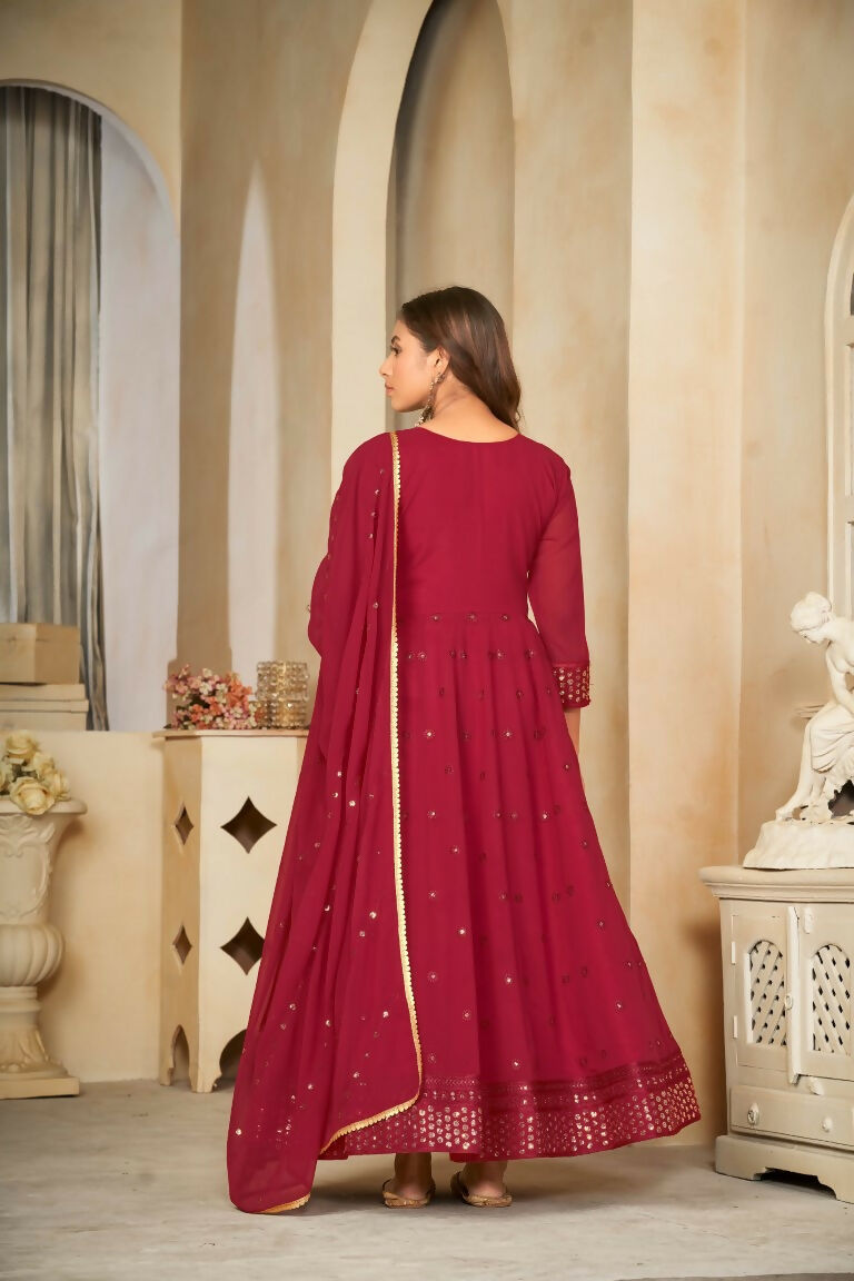 Jyoti Fashion Women's Maroon Georgette Embroidered Anarkali Kurta Pant Set With Dupatta | Grocsy