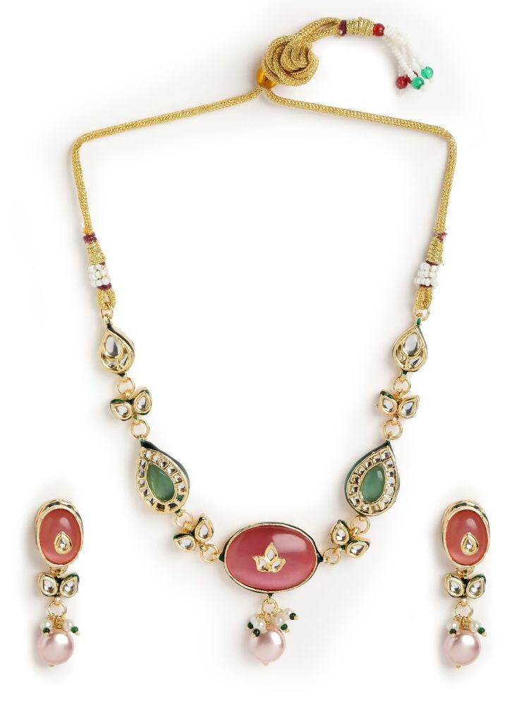 Nuyug 22K Gold Plated Radiant Rose Stone Kundan Necklace | Grocsy