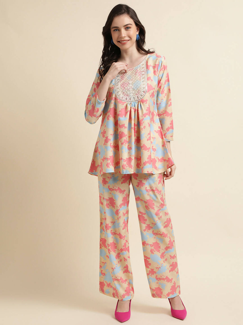 Beige & Pink Poly Crepe Digital Printed Top with Matching Bottom - Preeti | Grocsy