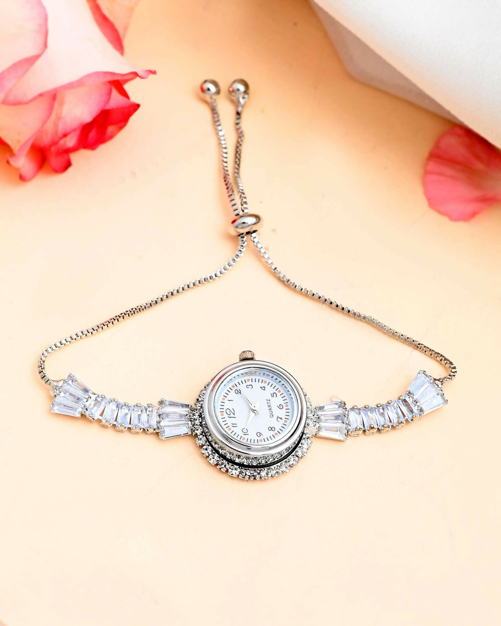 VOJ Silver Plated Crystal Studded Watch Bracelet | Grocsy