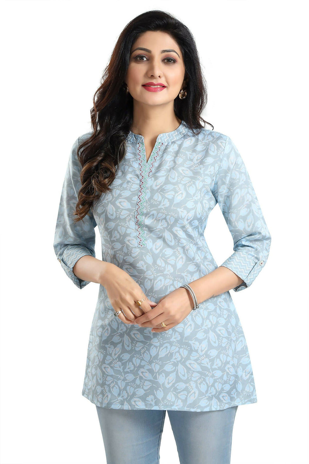 Snehal Creations Pretty Pastel Blue Rayon Short Kurti Tunic Top | Grocsy
