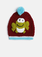 Chutput Kids Woollen Hand Knitted Frog Detailed Cap - Maroon | Grocsy