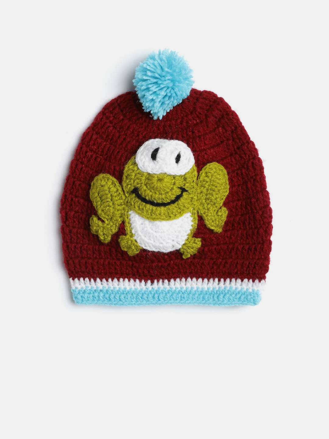 Chutput Kids Woollen Hand Knitted Frog Detailed Cap - Maroon | Grocsy