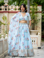 Women’s Semi-Stitched Sky Blue Star Georgette Zari Sequence Embroidery Digital Printed Work Lehenga Choli With Star Georgette Dupatta-Jihu Culture | Grocsy