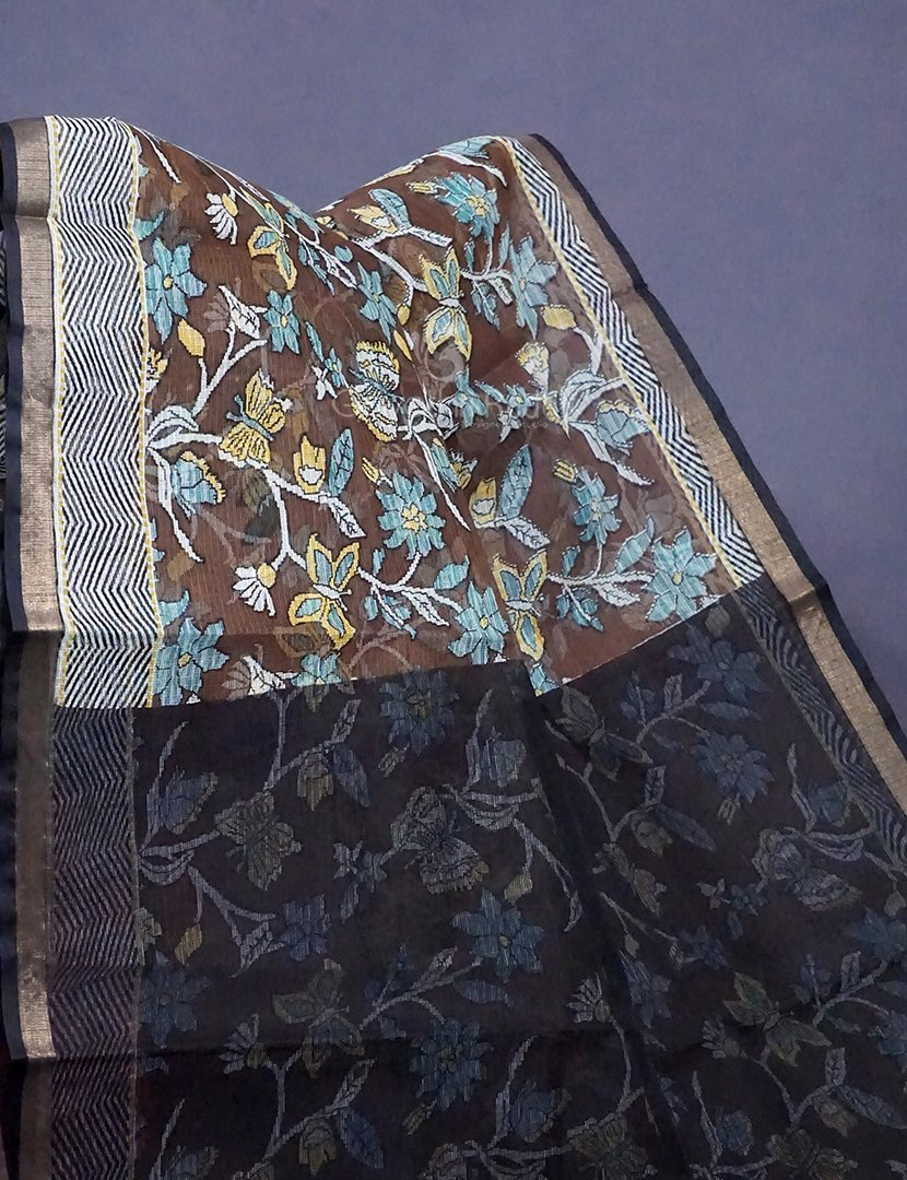Black And Brown Colour Block Print Pure Kota Cotton Saree By Gayathri Reddy Designer Studio | Grocsy