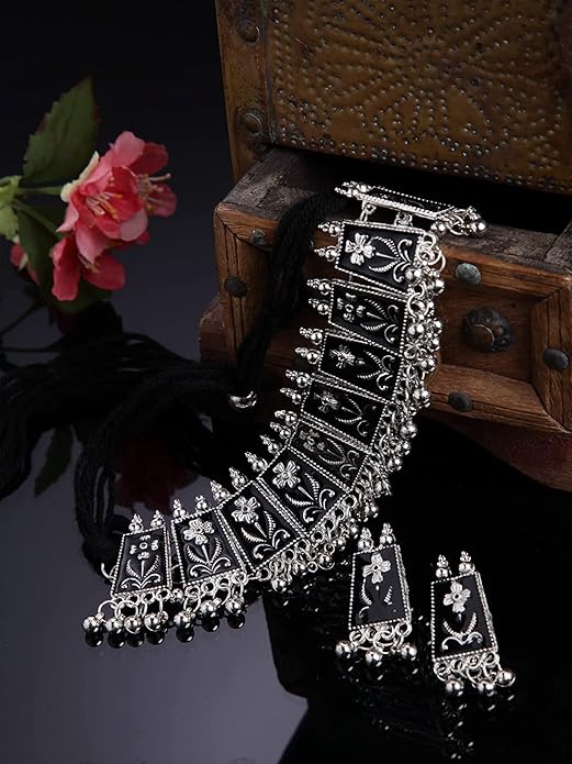 Tehzeeb Creations Women's German Silver Oxidised Necklace And Earrings | Grocsy