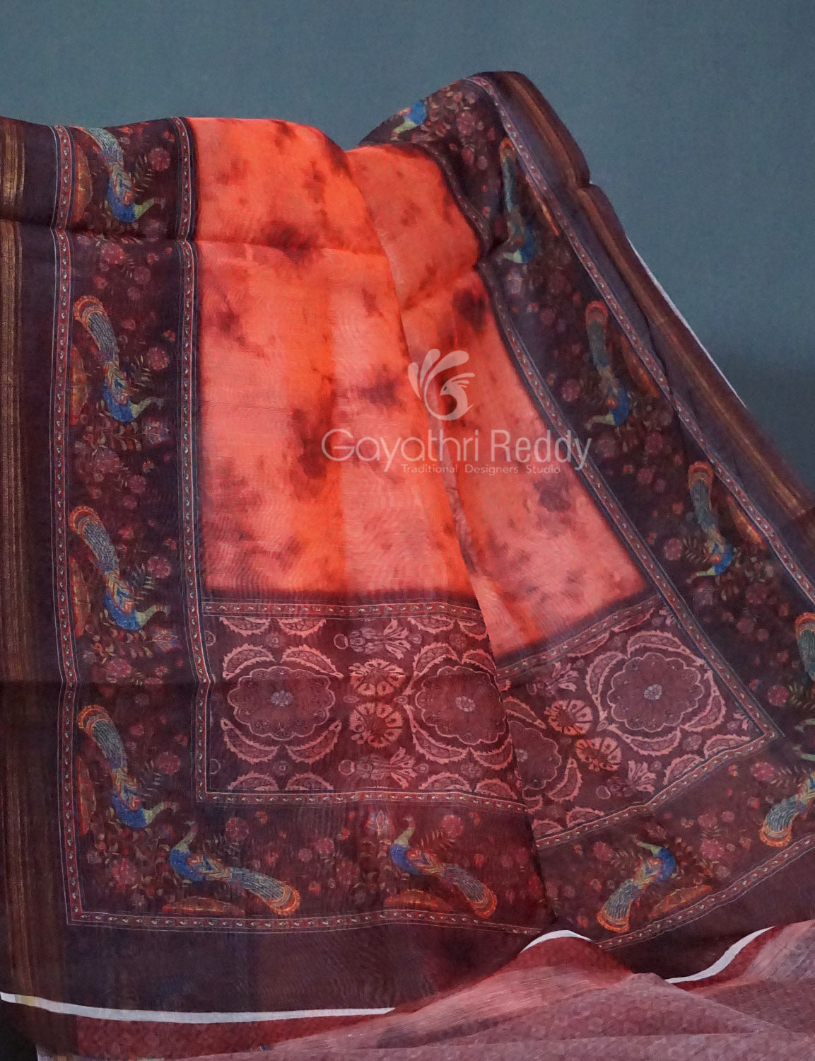 Shades of Peachish Orange Colour Shibori Print Semi Chanderi Saree By Gayathri Reddy Designer Studio | Grocsy