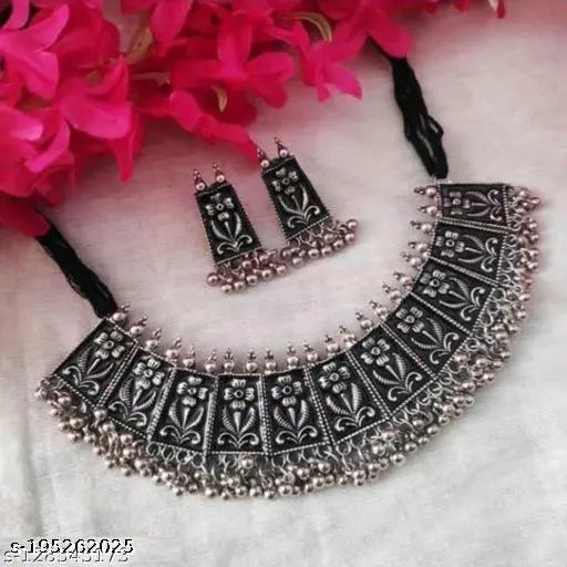 Tehzeeb Creations Women's German Silver Oxidised Necklace And Earrings | Grocsy