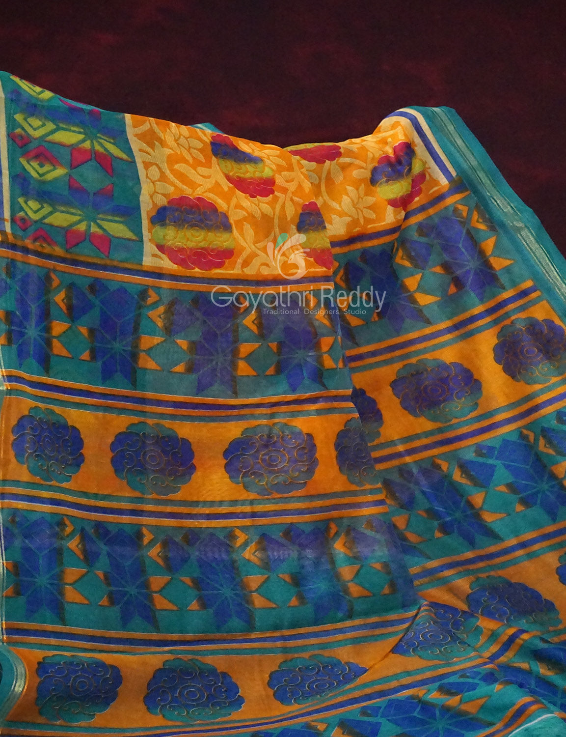 Shades of Yellow With Sea Blue Blouse Printed Semi Chanderi Saree By Gayathri Reddy Designer Studio | Grocsy