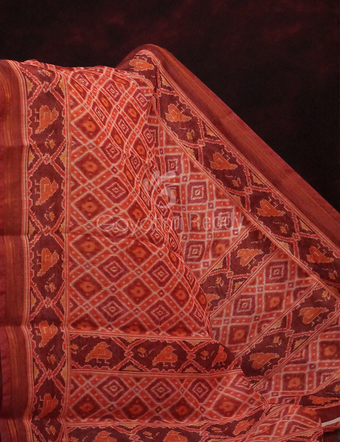 Peachish Orange Diamond Printed Semi Chanderi Saree By Gayathri Reddy Designer Studio | Grocsy