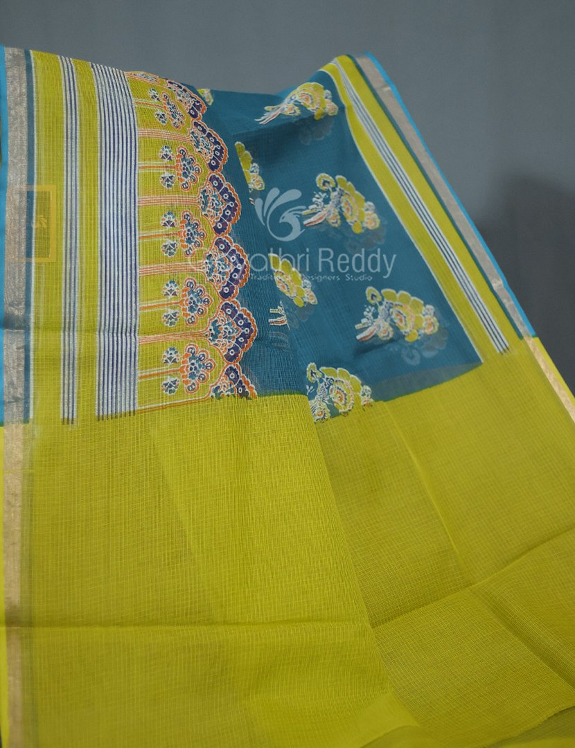 Shades of Peacock Blue With Block Design Pure Kota Cotton Saree By Gayathri Reddy Designer Studio | Grocsy