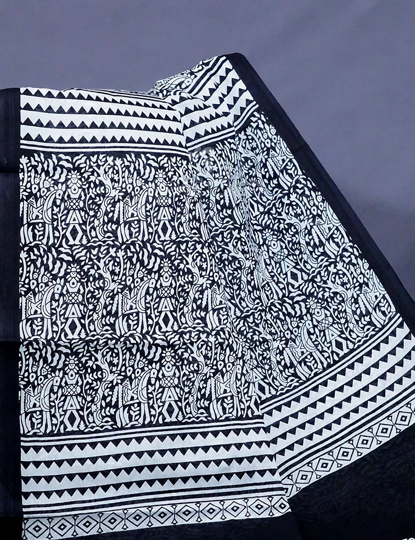 White And Black Combo Block Print Pure Mulmul Cotton Saree By Gayathri Reddy Designer Studio | Grocsy
