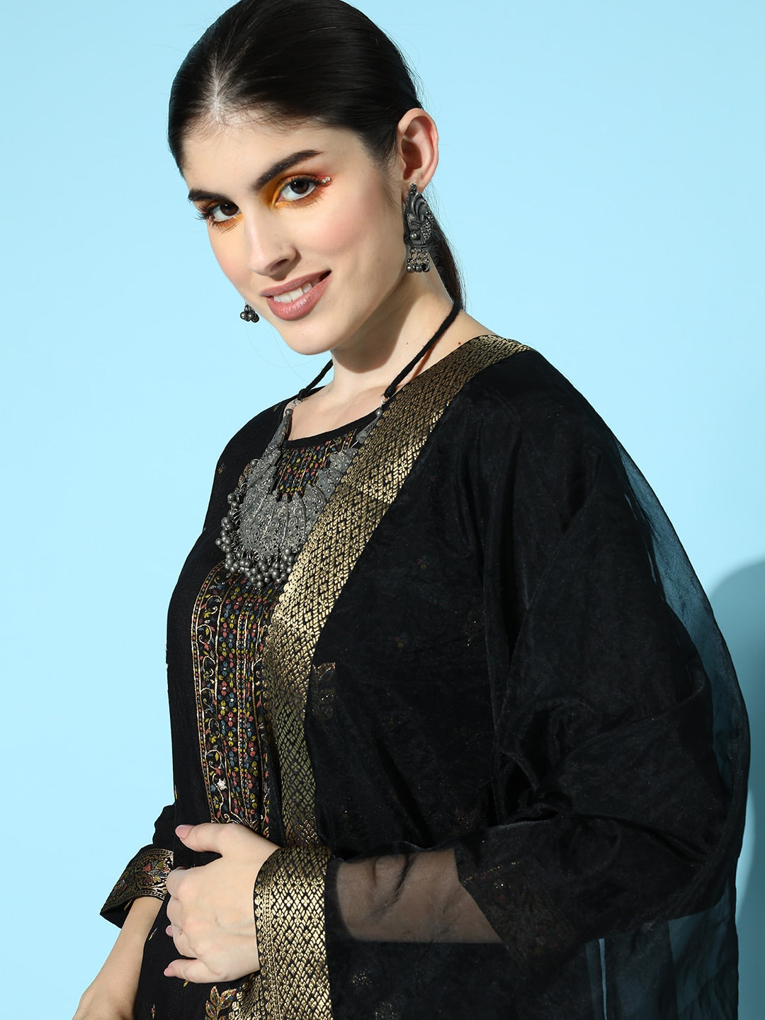 Sangria Floral Yoke Design Jacquard Kurta with Trousers & With Dupatta | Grocsy