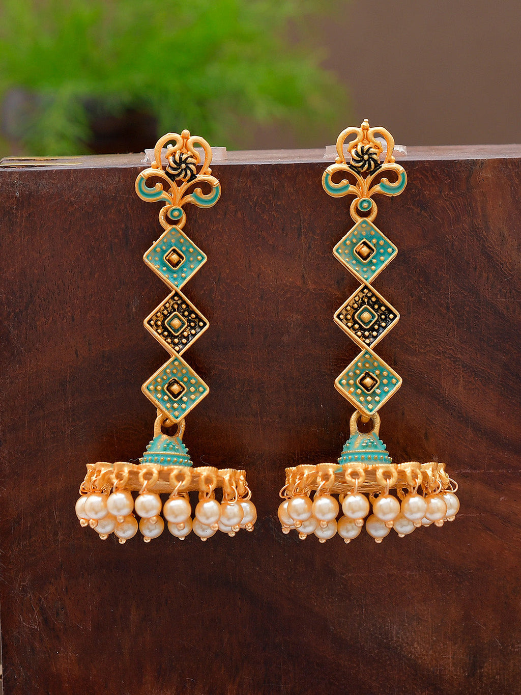 Shoshaa Gold-Toned & Green Contemporary Jhumkas Earrings | Grocsy