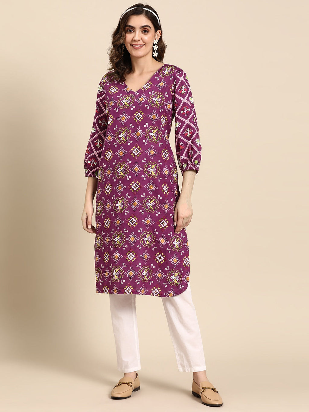 Sangria Ethnic Motifs Printed V-neck Puff Sleeves Kurta | Grocsy