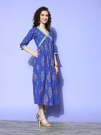 Ahalyaa Blue Floral Print Midi Empire Ethnic Dress | Grocsy