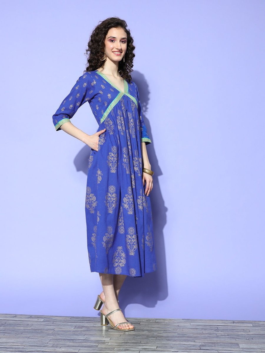 Ahalyaa Blue Floral Print Midi Empire Ethnic Dress | Grocsy