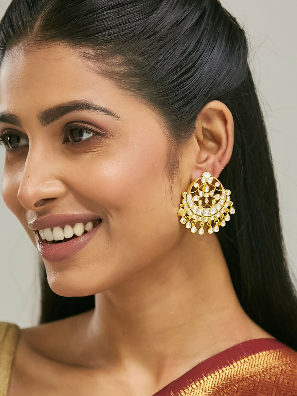 Nuyug 22K Gold-Plated Kundan Stone Studded & Pearl Beaded Moon Chandbalis | Grocsy
