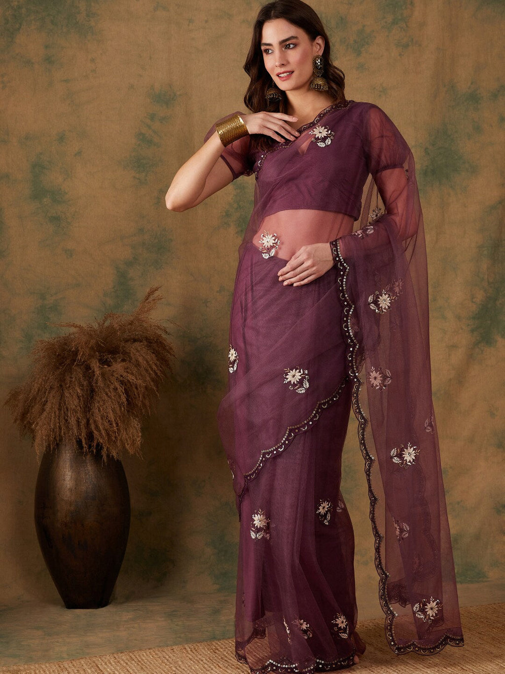 Sangria Purple Floral Embroidered Beads and Stones Embellished Net Saree | Grocsy