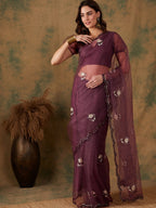 Sangria Purple Floral Embroidered Beads and Stones Embellished Net Saree | Grocsy