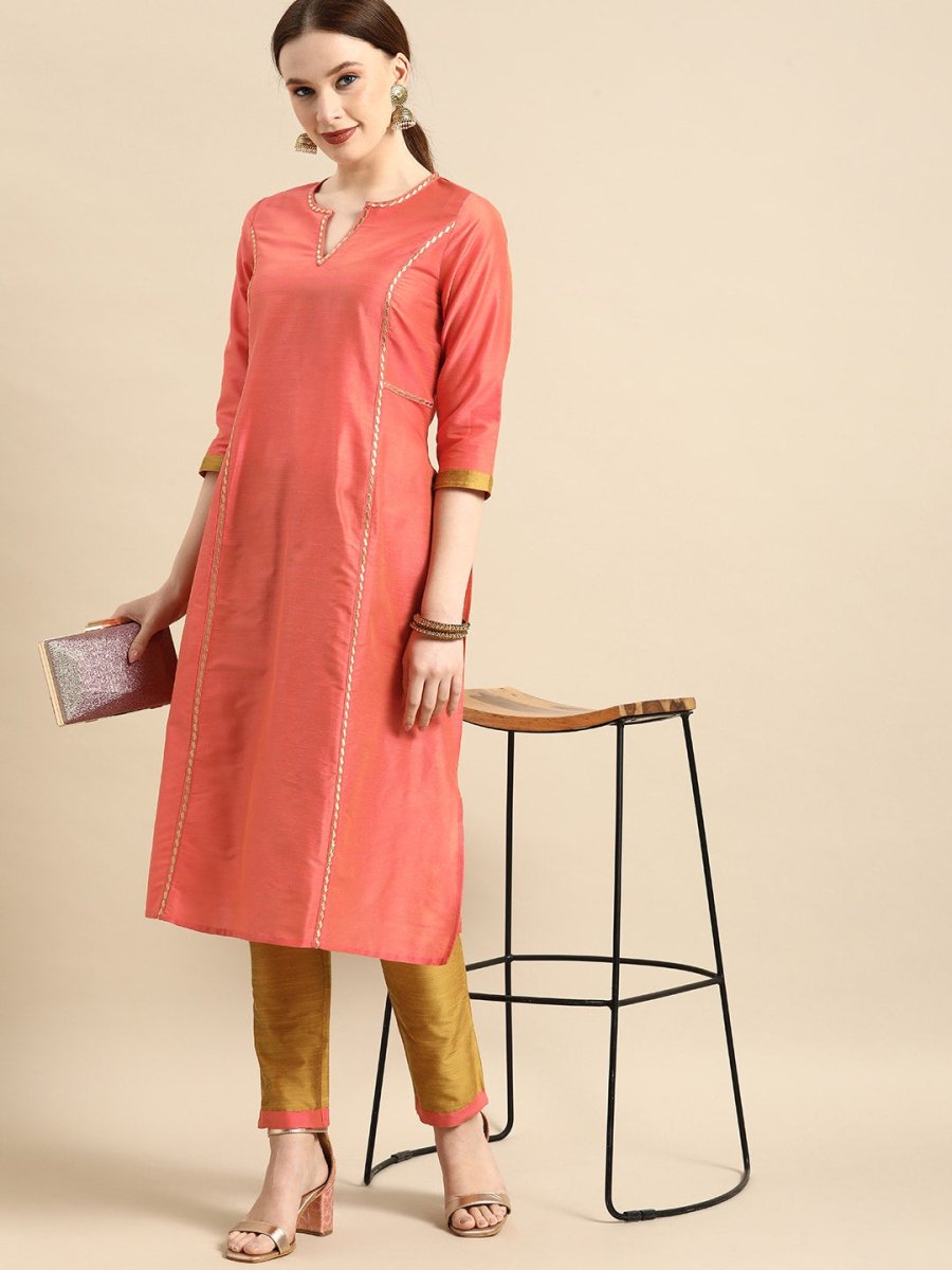 All About You Women Peach-Coloured Embroidered Kurta with Trousers | Grocsy