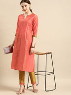 All About You Women Peach-Coloured Embroidered Kurta with Trousers | Grocsy