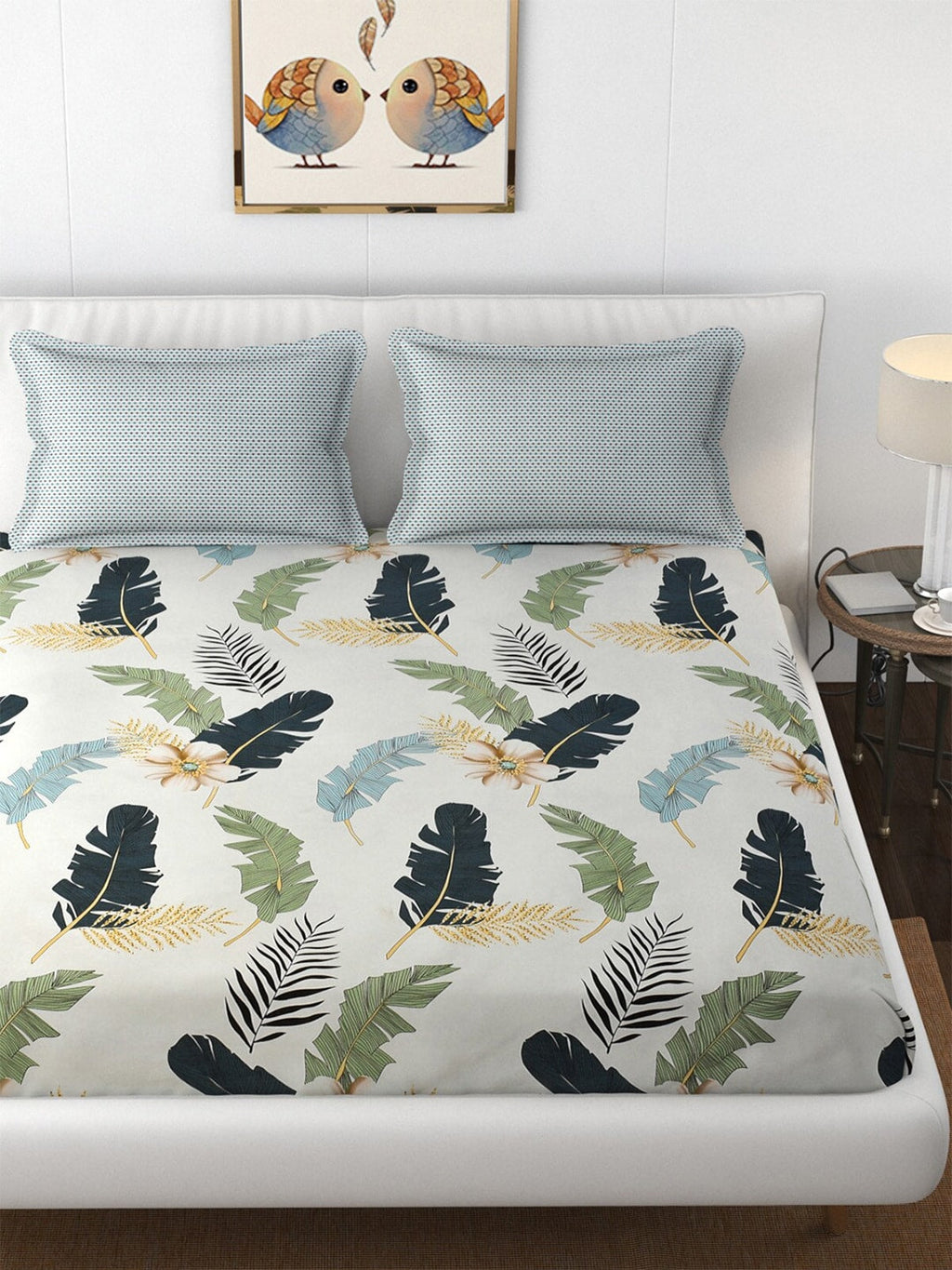 Florida Reeva Off White & Green Floral 180 TC Fitted King Bedsheet With 2 Pillow Covers | Grocsy