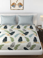 Florida Reeva Off White & Green Floral 180 TC Fitted King Bedsheet With 2 Pillow Covers | Grocsy